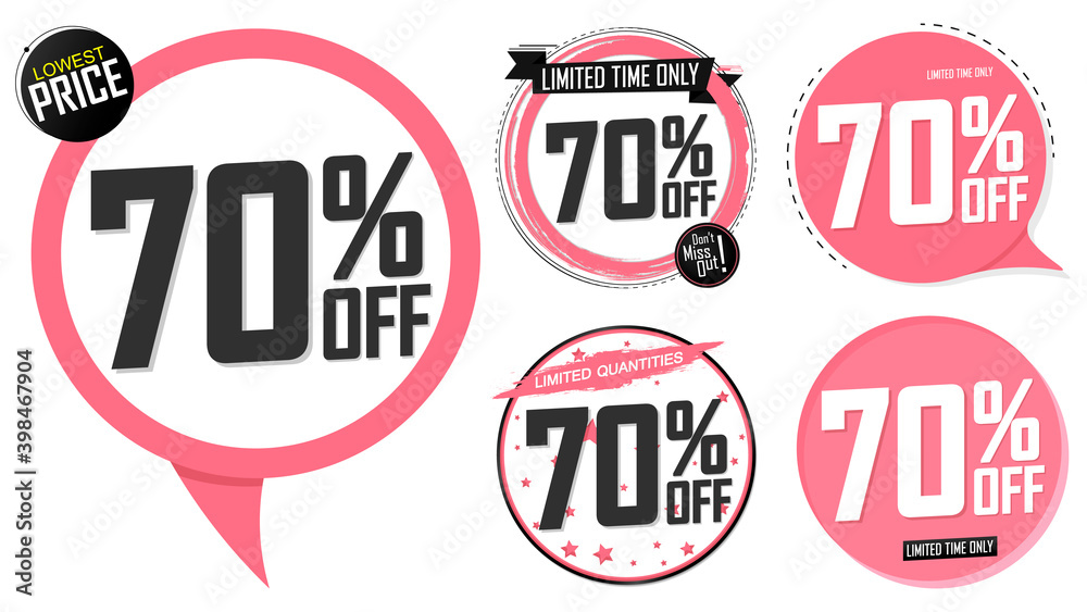 Set Sale 70% off banners, discount tags design template, vector illustration