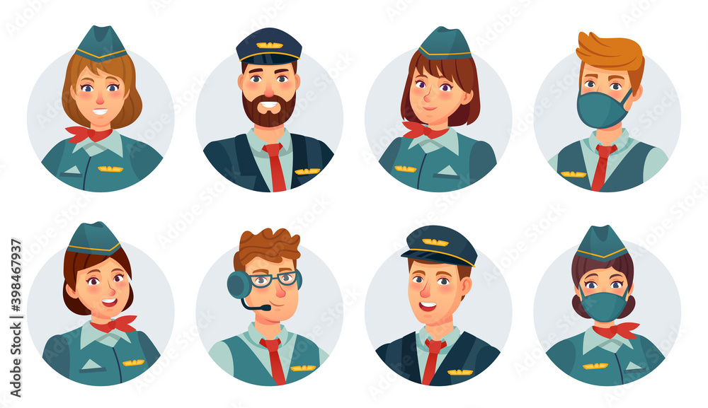 Air crew avatars. Airline pilot, ship captain, stewardess, flying attendant and flight engineer round icon. Airport staff in mask vector set Air crew avatars. Airline pilot, ship captain, stewardess, flying attendant and flight engineer round icon. Airport staff in mask vector set