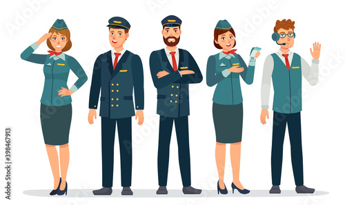 Aircraft staff. Air crew in uniforms pilots, stewardesses and flight attendant. Group of airport employee. Airline personnel vector concept