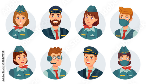 Air crew avatars. Airline pilot, ship captain, stewardess, flying attendant and flight engineer round icon. Airport staff in mask vector set