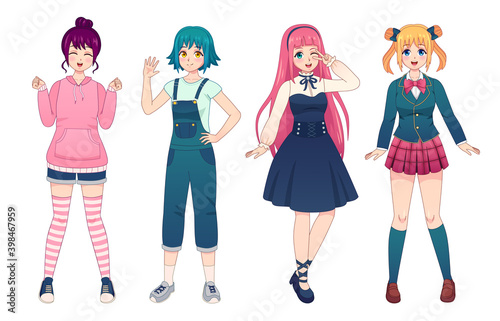 Anime girls. Beautiful japanese manga schoolgirls in uniform, lolita style dress, overalls and hoodie. Happy kawaii female poses vector set