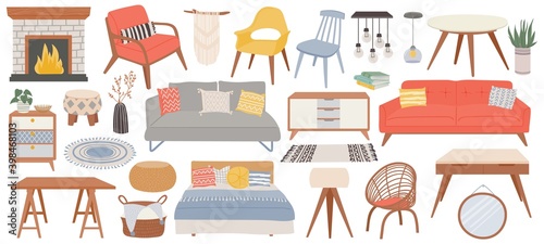 Hygge furniture for home. Cozy interior decor fireplace, tables, chair, sofa and pillows. Trendy scandinavian bedroom furnishing vector set