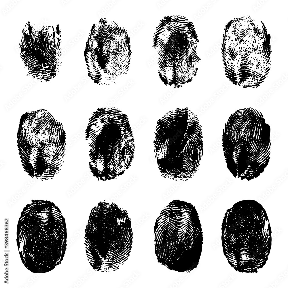 Finger prints. Human realistic black ink fingerprints. Grunge hand mark