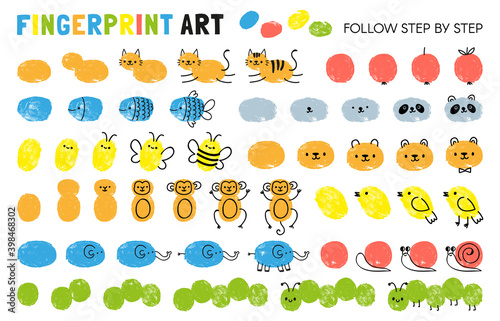 Fingerprint art steps. Worksheet for kid learning to draw animals. Paint with finger print kindergarten activity. Game for child vector page