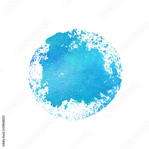 Round blue watercolor spot similar to the planet isolated on white, hand drawn illustration