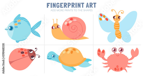 Finger prints kid activity. Worksheet coloring with fingerprint art - butterfly, fish, snail and turtle. Vector fun game for preschool child