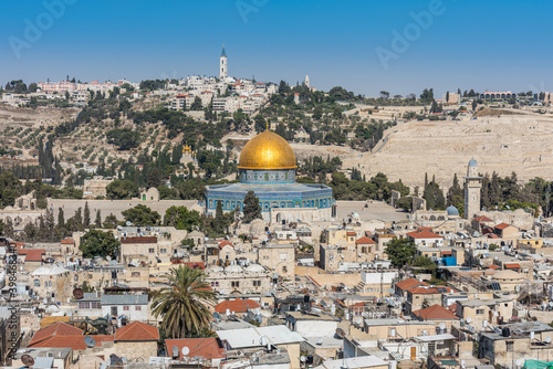 The Dome of the Rock, Qubbat al-Sakhra, an Islamic shrine located on the Temple Mount in the Old City of Jerusalem. Aerial view from the Lutheran Church of the Redeemer