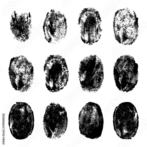 Finger prints. Human realistic black ink fingerprints. Grunge hand mark texture. Identification individual imprint thumb lines vector set