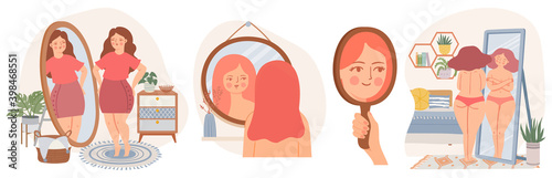 Women with mirrors. Confident young female look at reflection in mirror. Self acceptance concept. Girls in scandinavian interior vector set