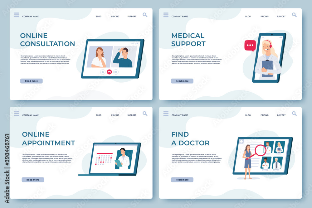 Medical consultation landing pages. Online doctor support, health services, find specialist and make appointment. Medicine vector web page