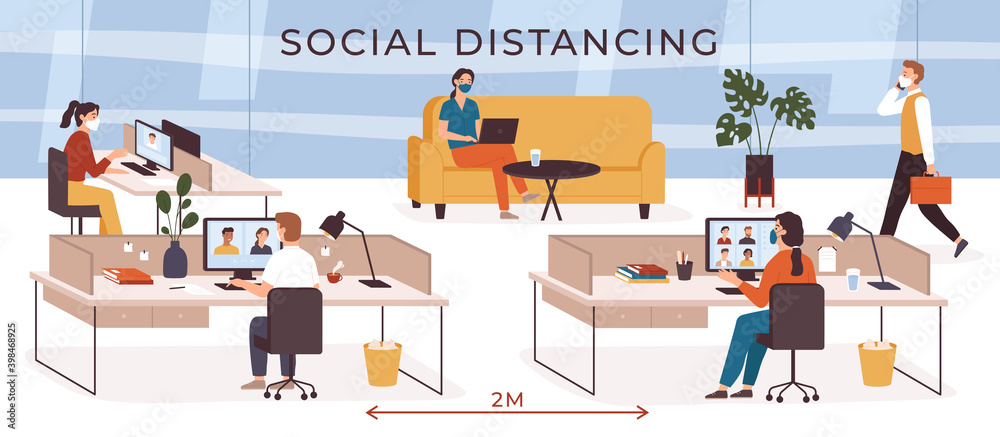 Social distancing in office. Business people with safety masks working at workplace. Video conference. Keep distance at job vector concept - obrazy, fototapety, plakaty 