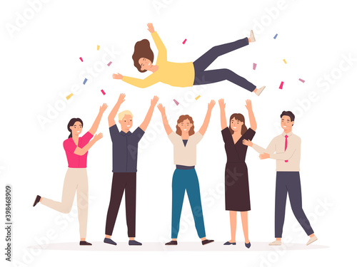 Team throwing person in air. Celebrate win and business success congratulation. Friends toss up woman at party with confetti vector concept