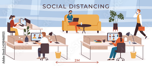 Social distancing in office. Business people with safety masks working at workplace. Video conference. Keep distance at job vector concept