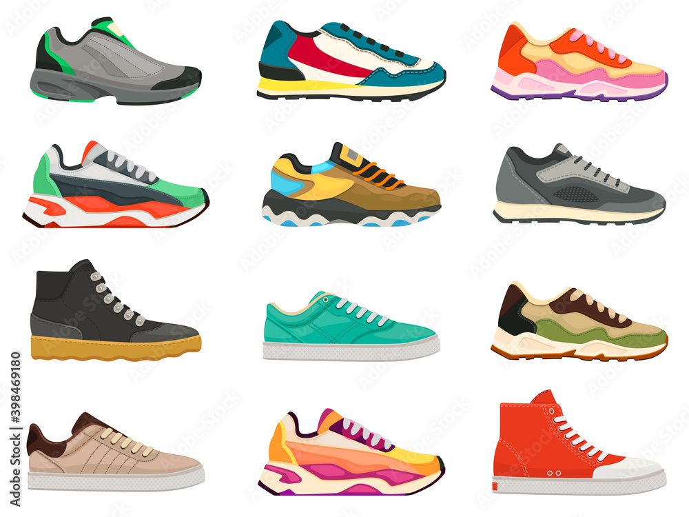 Vettoriale Stock Sneakers shoes. Fitness footwear for sport, running and  training. Colorful modern shoe designs. Sneaker side view cartoon icons  vector set | Adobe Stock