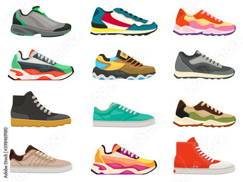 Sneakers shoes. Fitness footwear for sport, running and training. Colorful modern shoe designs. Sneaker side view cartoon icons vector set