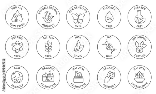 Eco cosmetics icon. Organic natural products alcohol, paraben and gluten free line icons for packaging. Round stamps and badges vector set photo