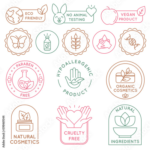 Organic cosmetics badges. Bio beauty products for skin, package seal ecology, vegan, natural ingredient. Eco food icon and label vector set