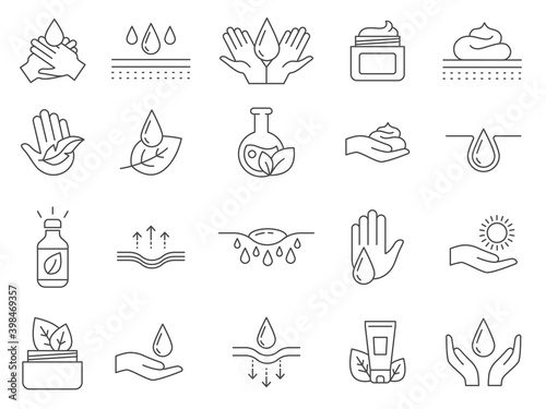 Skin care icons. Outline anti age lifting cream, oil drop, hands moisture gel, collagen and ph balance. Natural cosmetics line vector set
