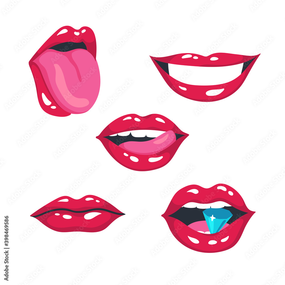 Red lips set. Sexy women lips, smile, kiss, diamond bite, mouth half open, lip licking, tongue out. Vector illustration on white background