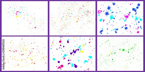 Color paint splatter background. Paint bright splashes and drops. Decorative abstract brush inkblots set