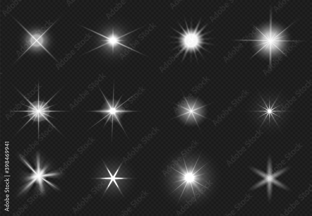 Flares and sparkling stars effect. White light burst, shiny glare. Magic starburst, realistic glow set - obrazy, fototapety, plakaty 