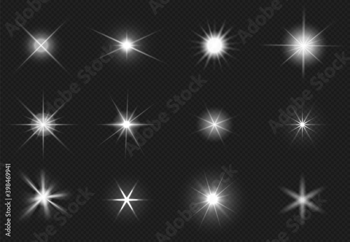 Flares and sparkling stars effect. White light burst, shiny glare. Magic starburst, realistic glow set