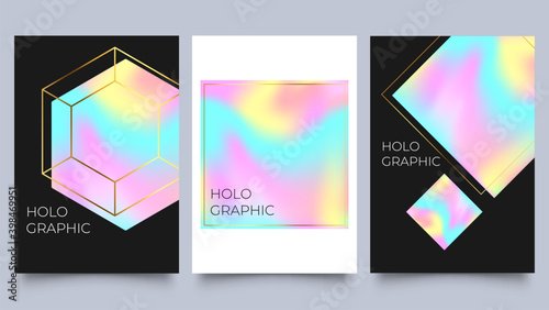 Holographic poster set. Spectrum with gradient mesh and geometric shapes with gold frames. 90s, 80s retro style