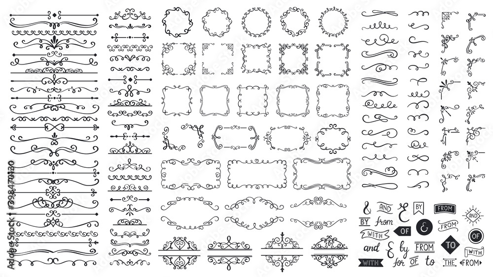 Vintage calligraphic elements. Decorative frames, flourish dividers, borders. Beautiful swirls, sinks decorated