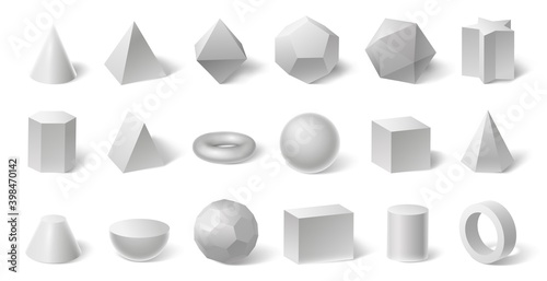 White geometric 3d shapes. Geometry form for education. Hexagonal and triangular prism, cylinder and cone
