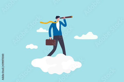 Business opportunity, leadership vision to see company strategy to achieve target concept, smart businessman riding high cloud holding telescope or binocular to search for business visionary.