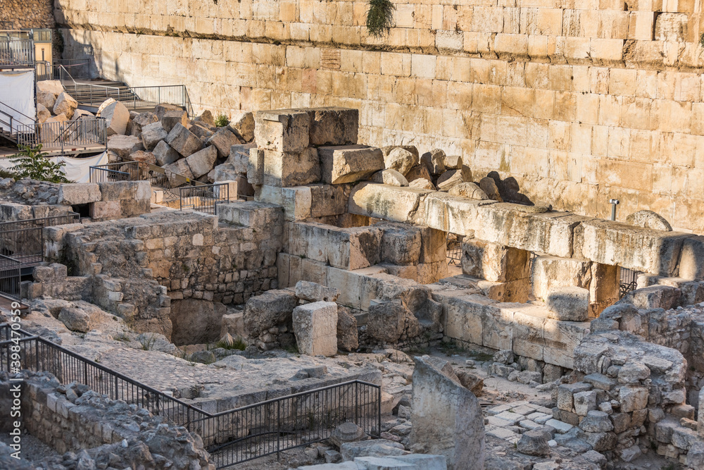 Ruins and remains next to the western wall and Al-Aqsa Mosque in the Old City of Jerusalem, the third holiest site in Islam. built on top of the Temple Mount, known as Haram esh-Sharif in Islam.