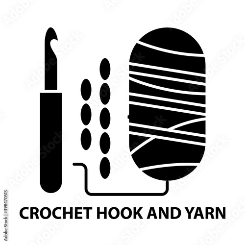 crochet hook and yarn icon, black vector sign with editable strokes, concept illustration