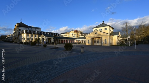 Center of spa Franzensbad with historical buildings and pedestrian zone