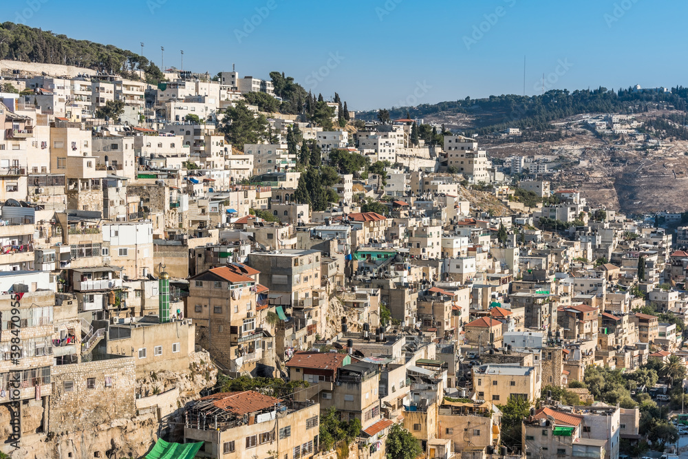 Residential houses under the sunlight at the Mount of Olive and Kidron Valley in Jerusalem, Israel