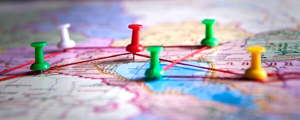 map destinations marked with colored nails