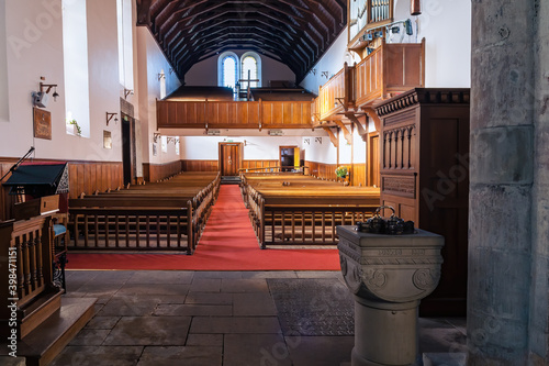 Interior of a historic Scottish church taken from the alter