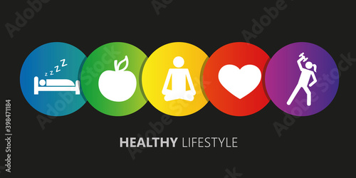 healthy lifestyle icons sleep apple yoga heart sport vector illustration EPS10