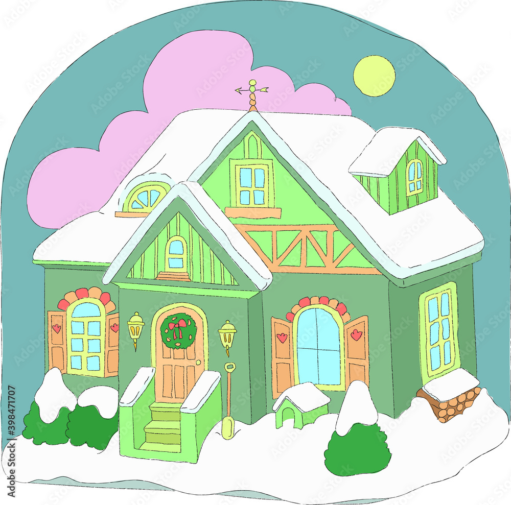 Fototapeta premium illustration of a house in winter. christmas and new year's eve