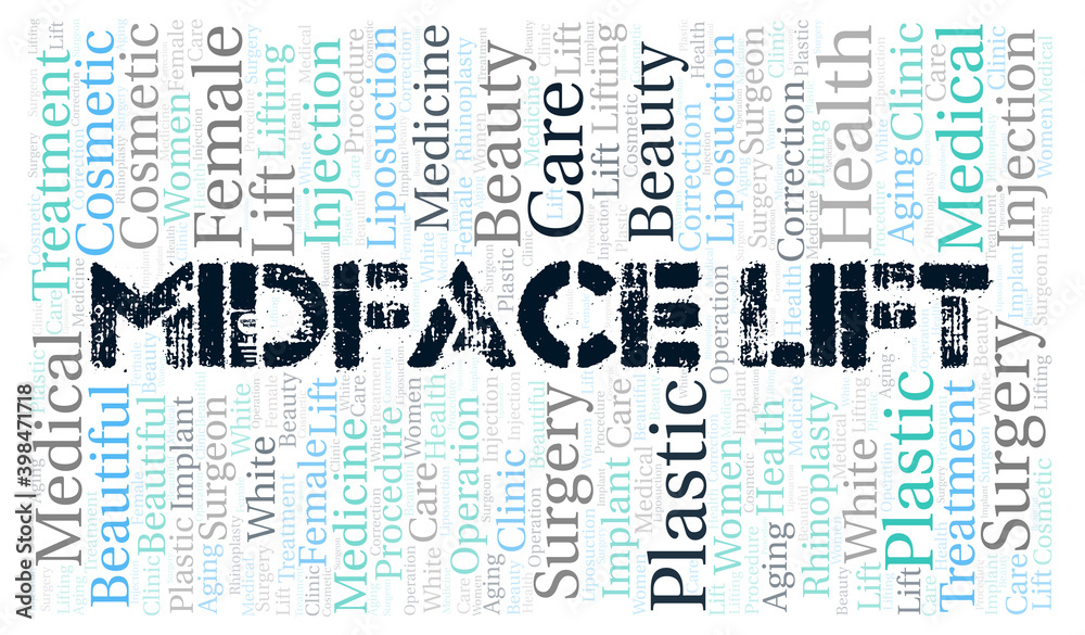 Midface Lift typography word cloud create with the text only. Type of plastic surgery