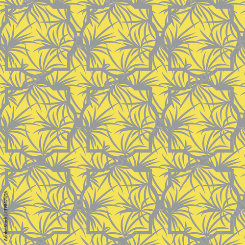Ultimate gray tropical plants shadows seamless vector pattern on illuminating yellow background. Botanical surface print design for fabrics, stationery, gift wrap, backgrounds, textiles and packaging.