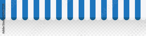 Concept blue striped awning for shop. Tent sun shade for market on transparent background. Vector illustration
