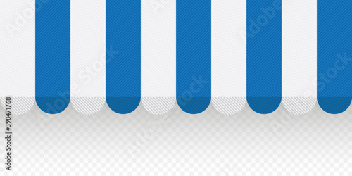 Blue textured striped awning for shop. Tent sun shade for market on transparent background. Vector illustration