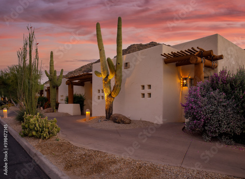 arizona resort with cactus and sunset