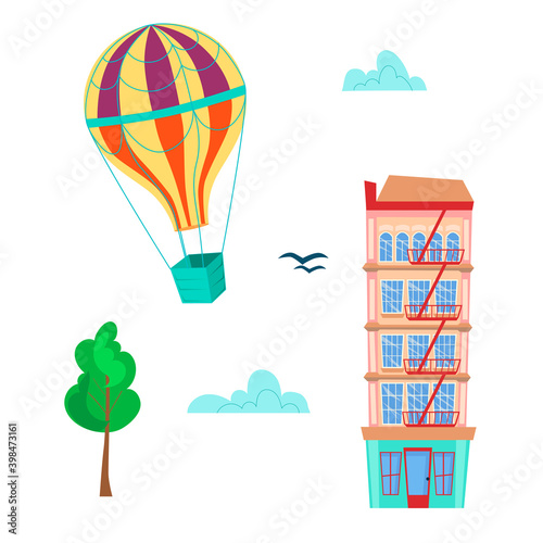 Cartoon balloon and cute house. Set of stickers. Vector illustration