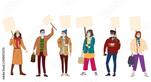Set of Protesters crowd man and woman in medical masks from virus COVID, holding empty banners. Activists protesting, during a pandemic quarantine coronavirus, political meeting, strike human rights