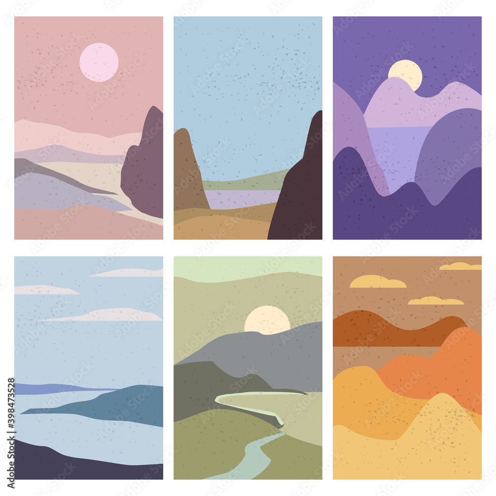 Set Landscapes Abstract Modern Contemporary background sunset sea ocean. Mountains, hills, waves shapes. Vector illustration trendy art flat minimalist style template banner poster