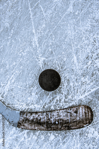 Photography close-up of sticks and pucks in the stadium