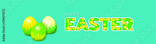 Happy Easter Background. Easter Eggs and green grass in cut out paper style. Vector illustration EPS10
