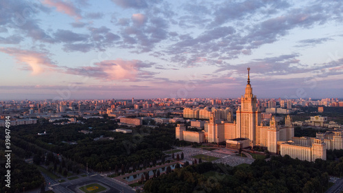 Moscow State University sunrise aerial drone shot. Moscow Russia beautiful morning sun scenery, magnificent iconic architecture, historical image