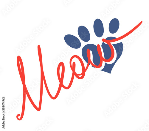 Lettering word meow isolated on white background with heart shaped cat paw print eps10 vector hand drawn illustration.